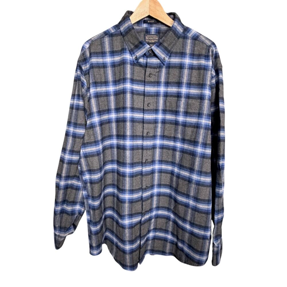Pendelton Mason Gray & Blue 100% Cotton Flannel Plaid Mens XL Button Down Shirt - Picture 8 of 8